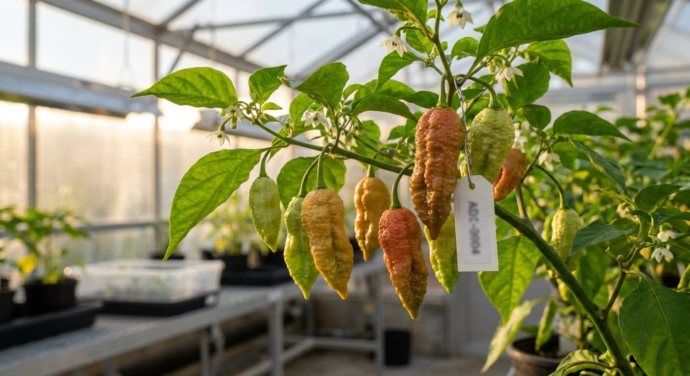 Scoville Splice Kindling (SS-0001) — engineered Pepper specimen on-plant with laboratory specimen tag