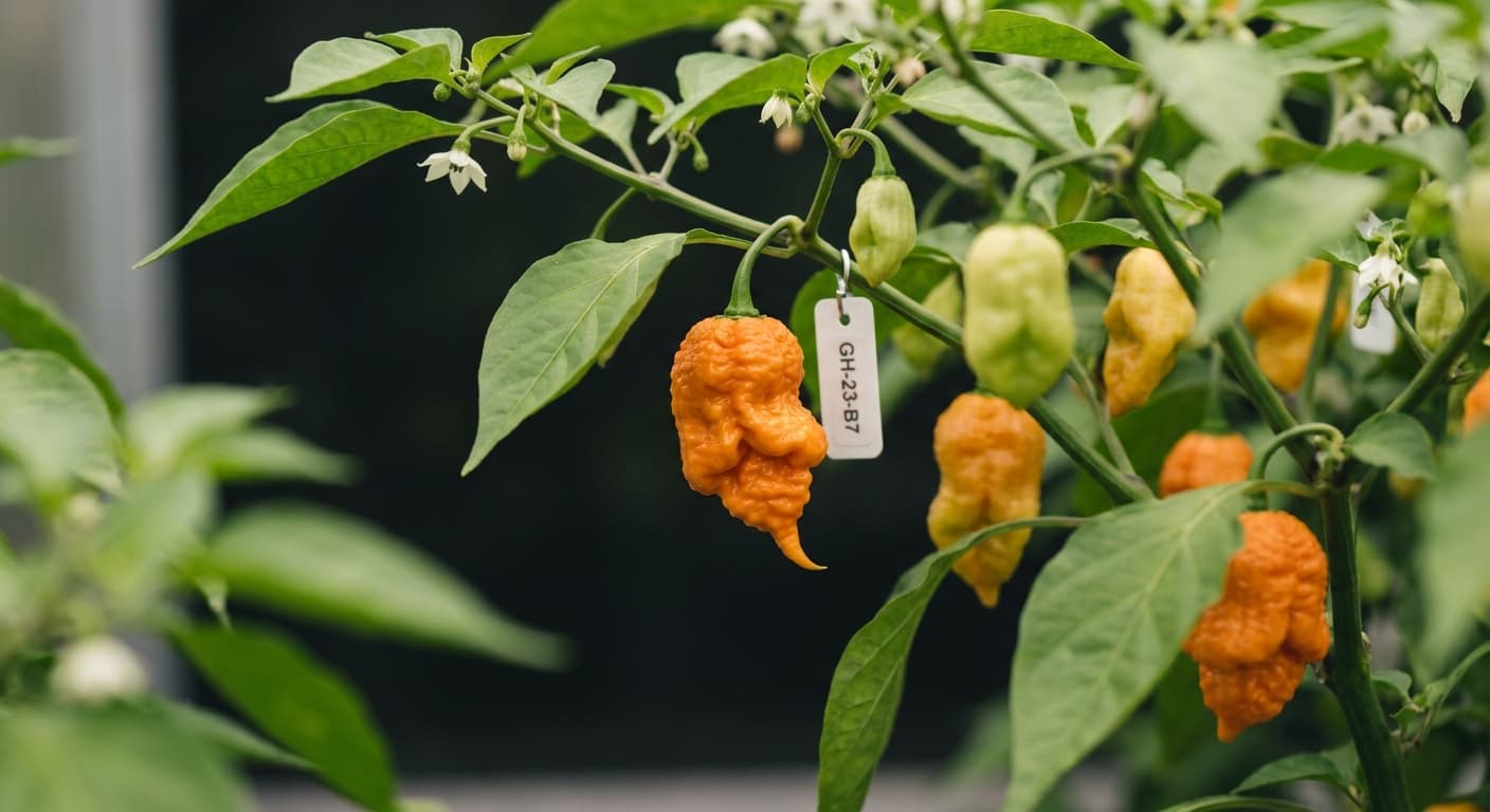Scoville Splice First Light (SS-0002) — engineered Pepper specimen on-plant with laboratory specimen tag