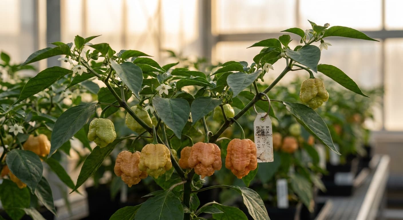 Scoville Splice Pilot Light (SS-0003) — engineered Pepper specimen on-plant with laboratory specimen tag
