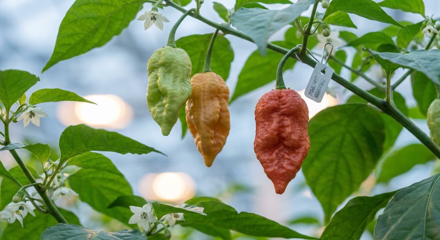 Scoville Splice Warm Front (SS-0004) — engineered Pepper specimen on-plant with laboratory specimen tag