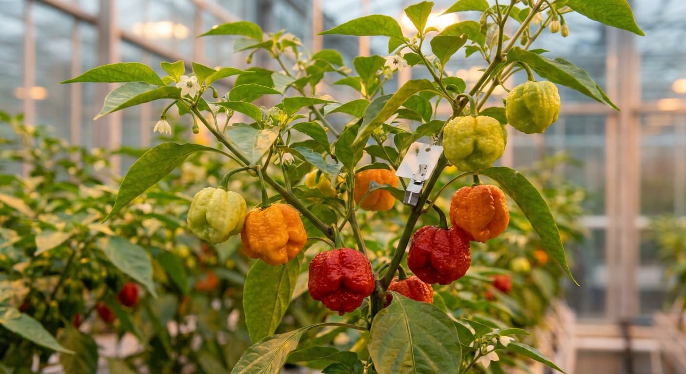 Scoville Splice Simmer (SS-0005) — engineered Pepper specimen on-plant with laboratory specimen tag