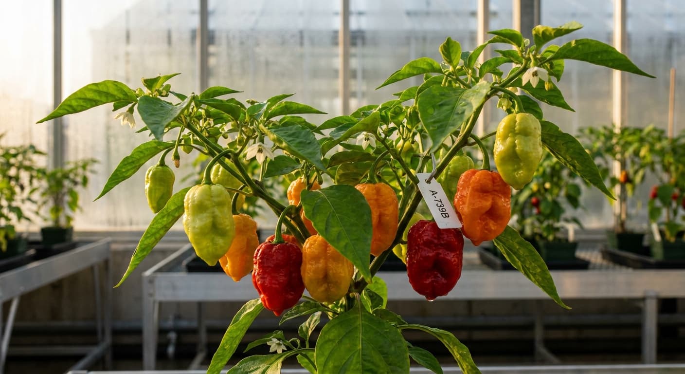 Scoville Splice Low Flame (SS-0006) — engineered Pepper specimen on-plant with laboratory specimen tag