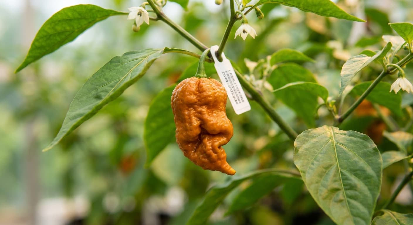 Scoville Splice Stove Top (SS-0007) — engineered Pepper specimen on-plant with laboratory specimen tag