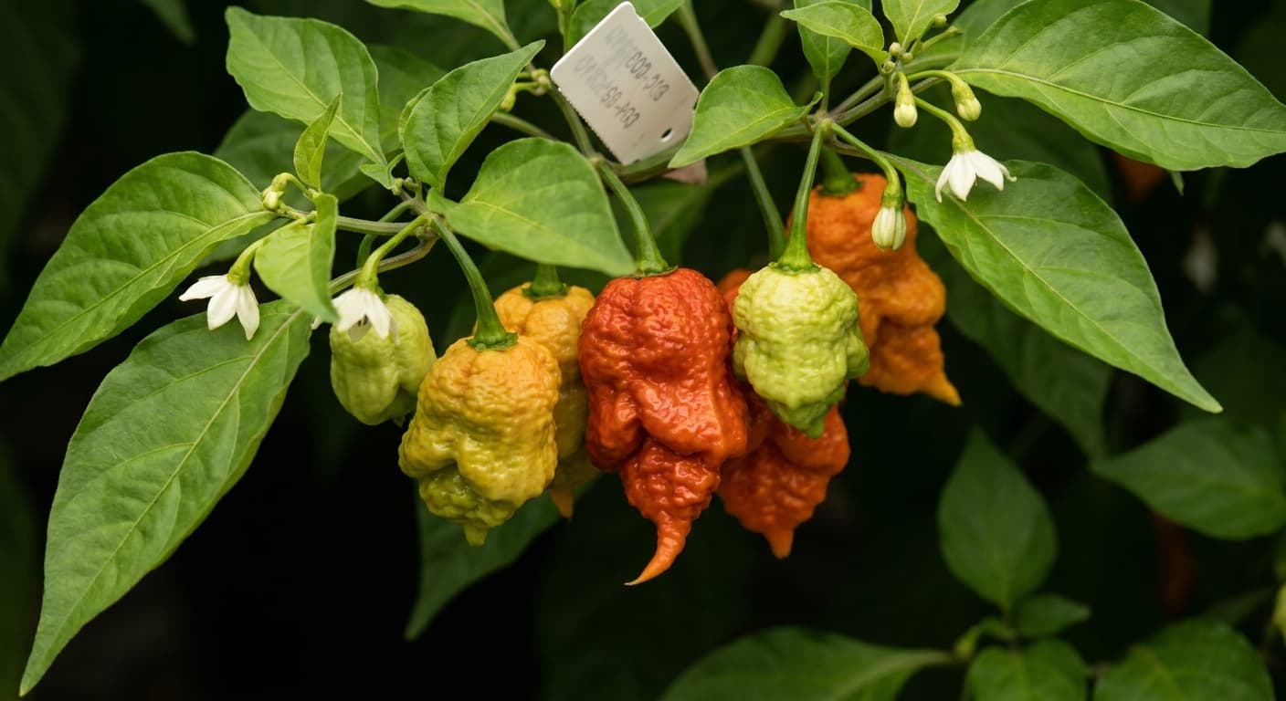 Scoville Splice Campfire (SS-0008) — engineered Pepper specimen on-plant with laboratory specimen tag