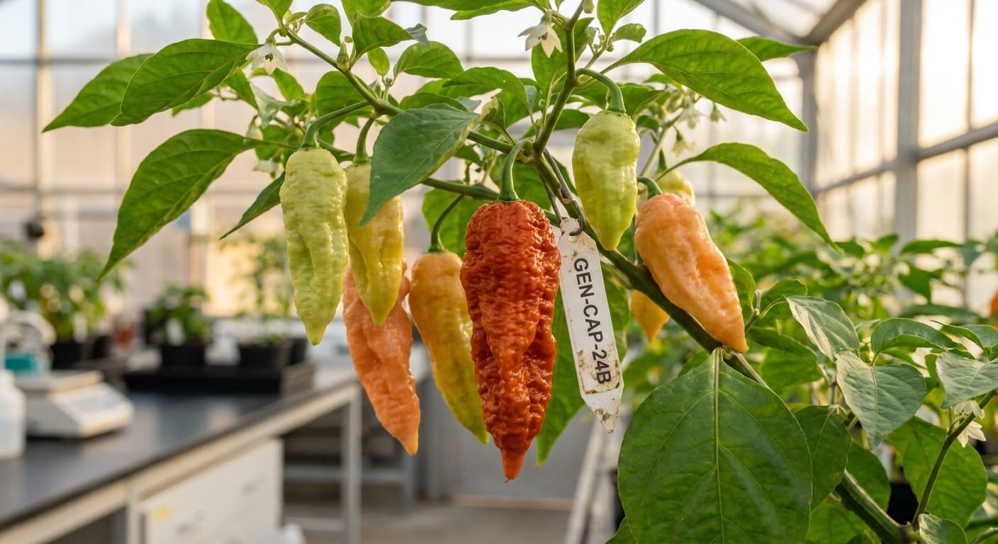 Scoville Splice Match Strike (SS-0009) — engineered Pepper specimen on-plant with laboratory specimen tag
