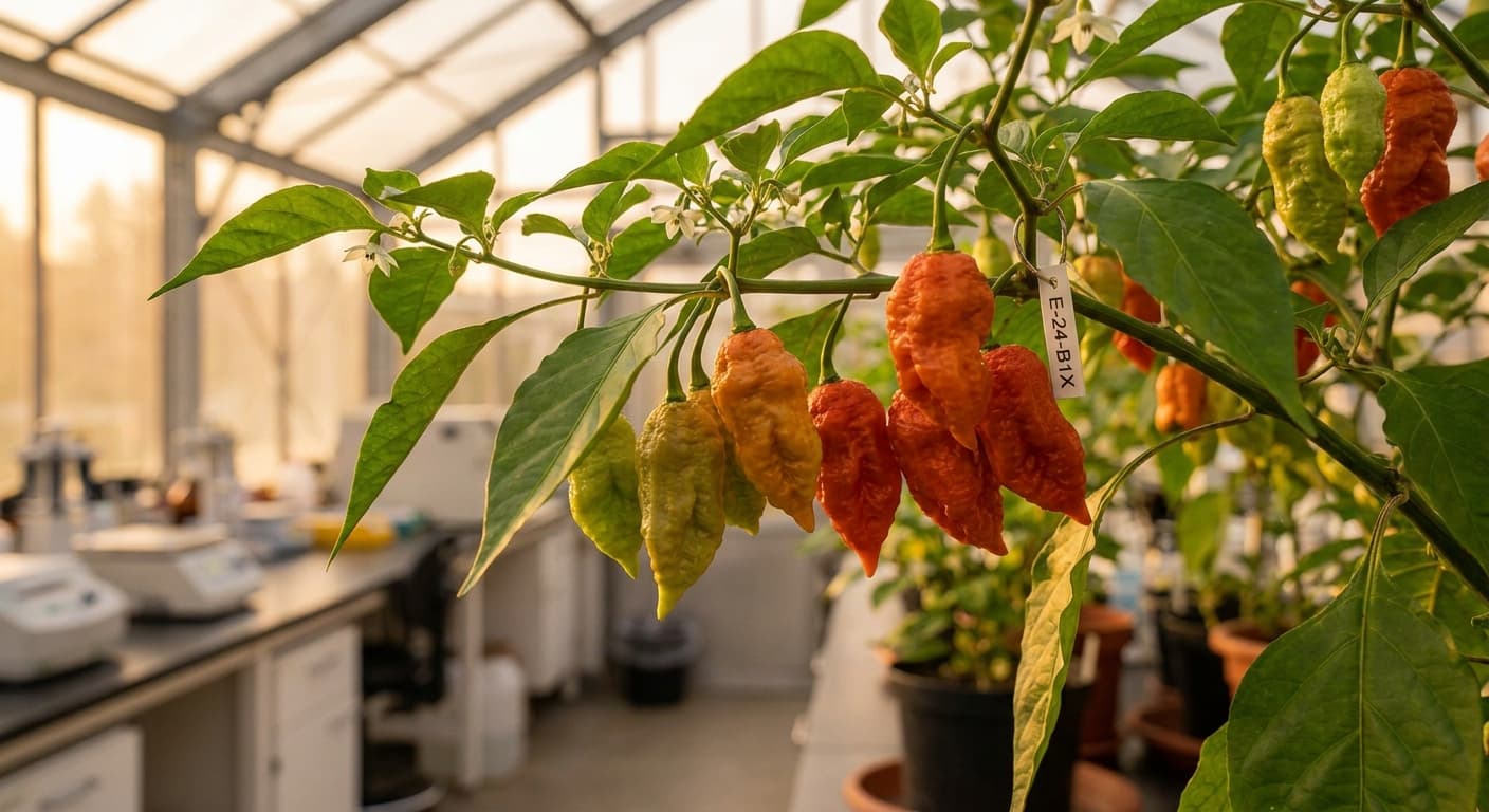 Scoville Splice Spark Plug (SS-0010) — engineered Pepper specimen on-plant with laboratory specimen tag