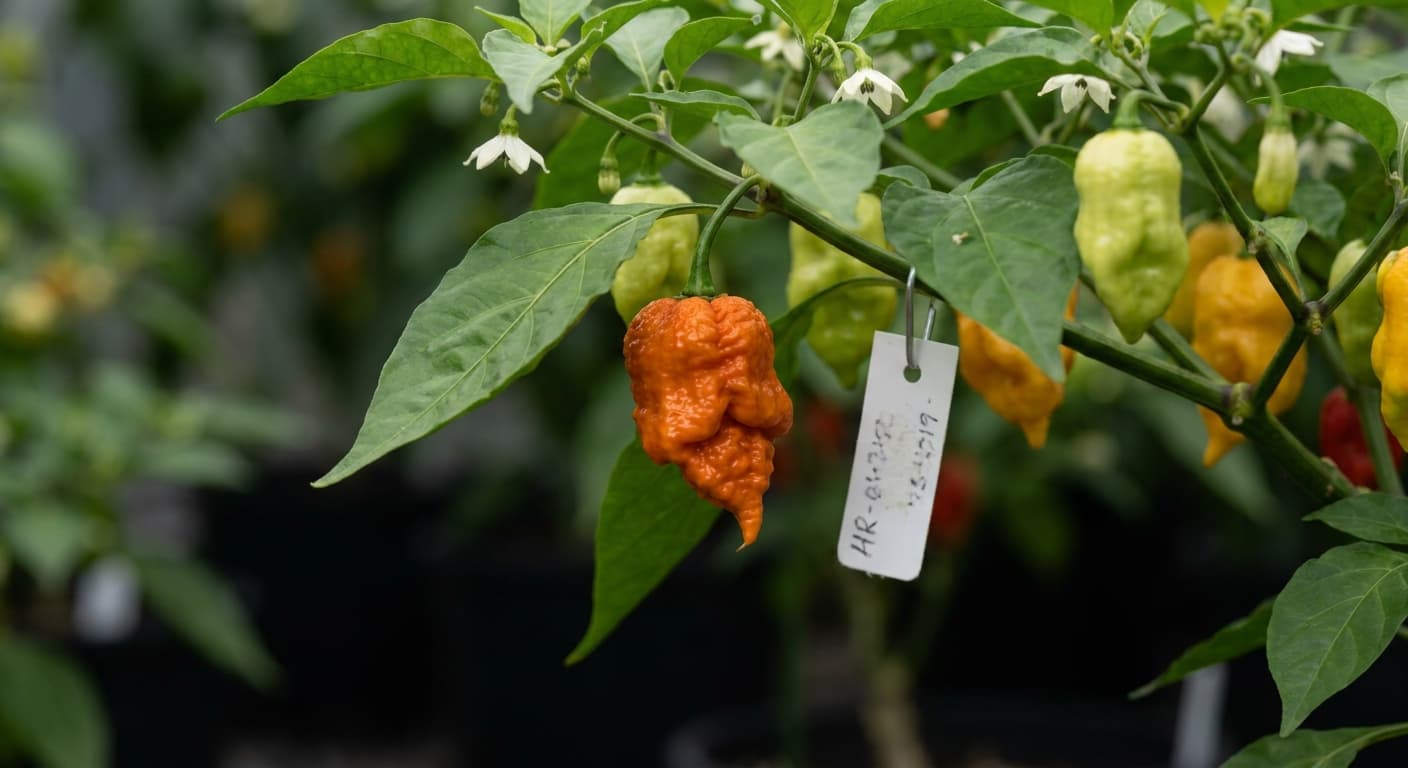 Scoville Splice Glowing Coal (SS-0011) — engineered Pepper specimen on-plant with laboratory specimen tag