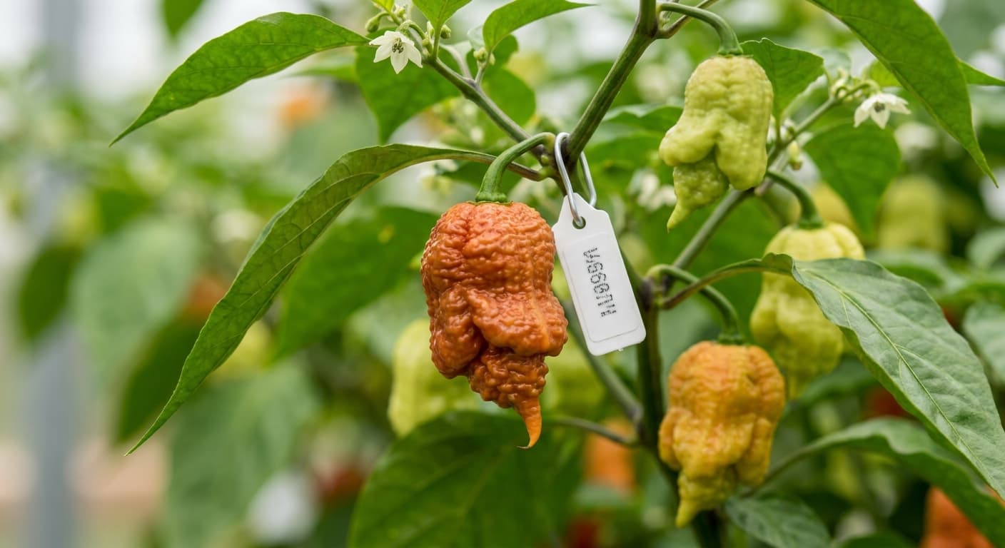 Scoville Splice Flicker (SS-0012) — engineered Pepper specimen on-plant with laboratory specimen tag