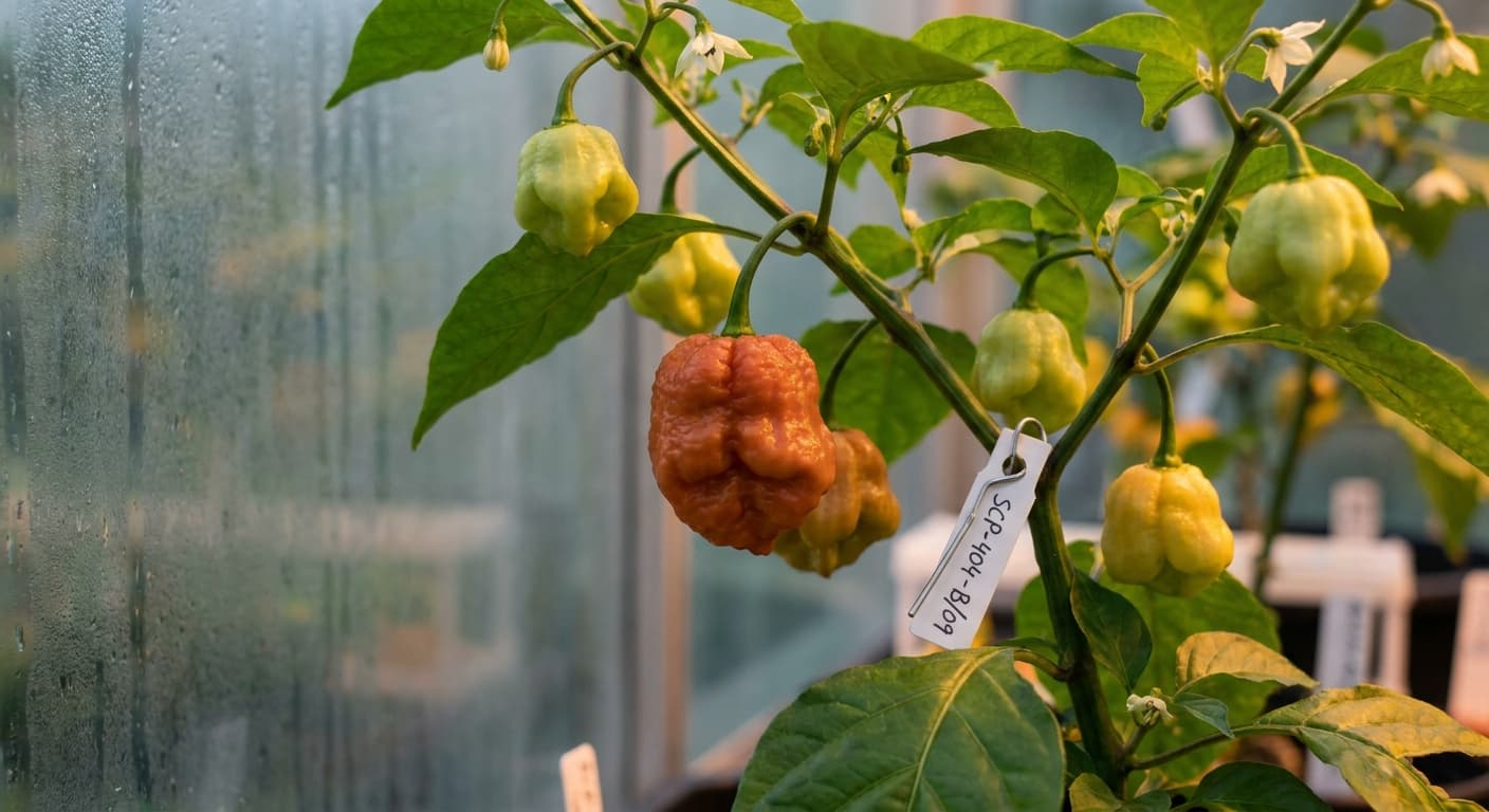 Scoville Splice Hearth (SS-0013) — engineered Pepper specimen on-plant with laboratory specimen tag