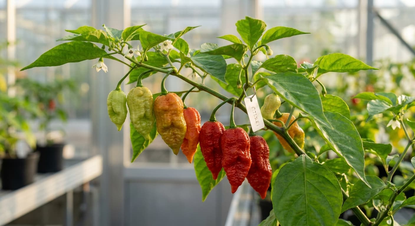 Scoville Splice Red Line (SS-0023) — engineered Pepper specimen on-plant with laboratory specimen tag