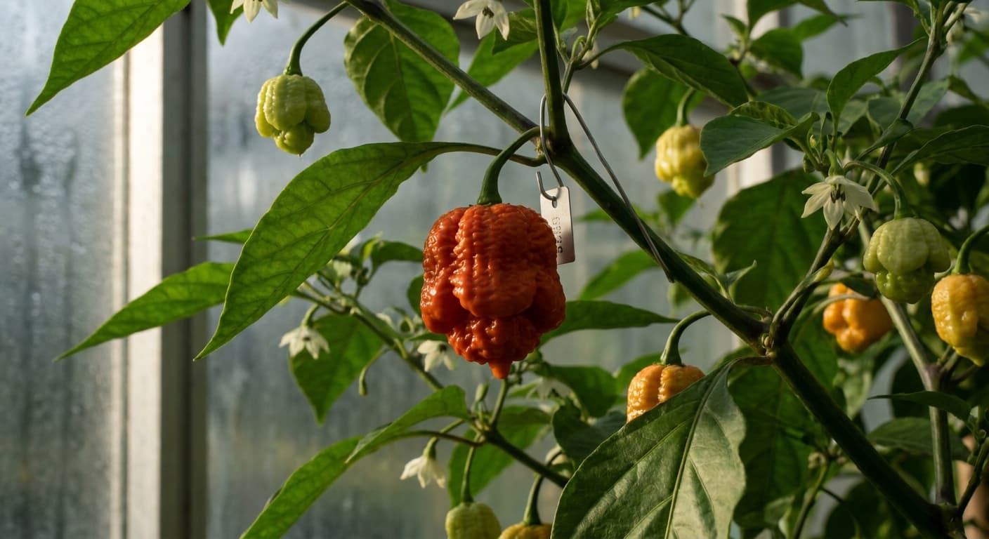 Scoville Splice Sear (SS-0024) — engineered Pepper specimen on-plant with laboratory specimen tag