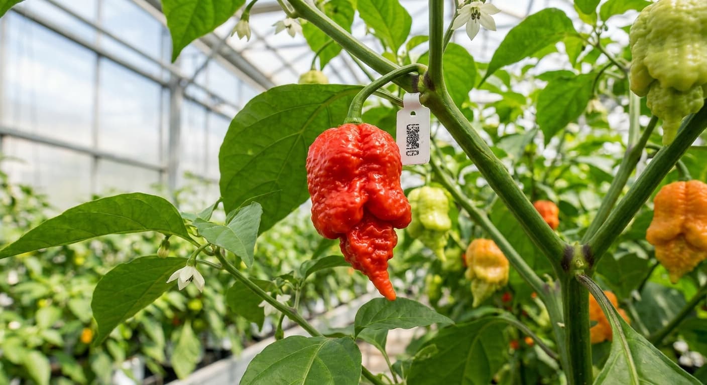 Scoville Splice Char Mark (SS-0025) — engineered Pepper specimen on-plant with laboratory specimen tag