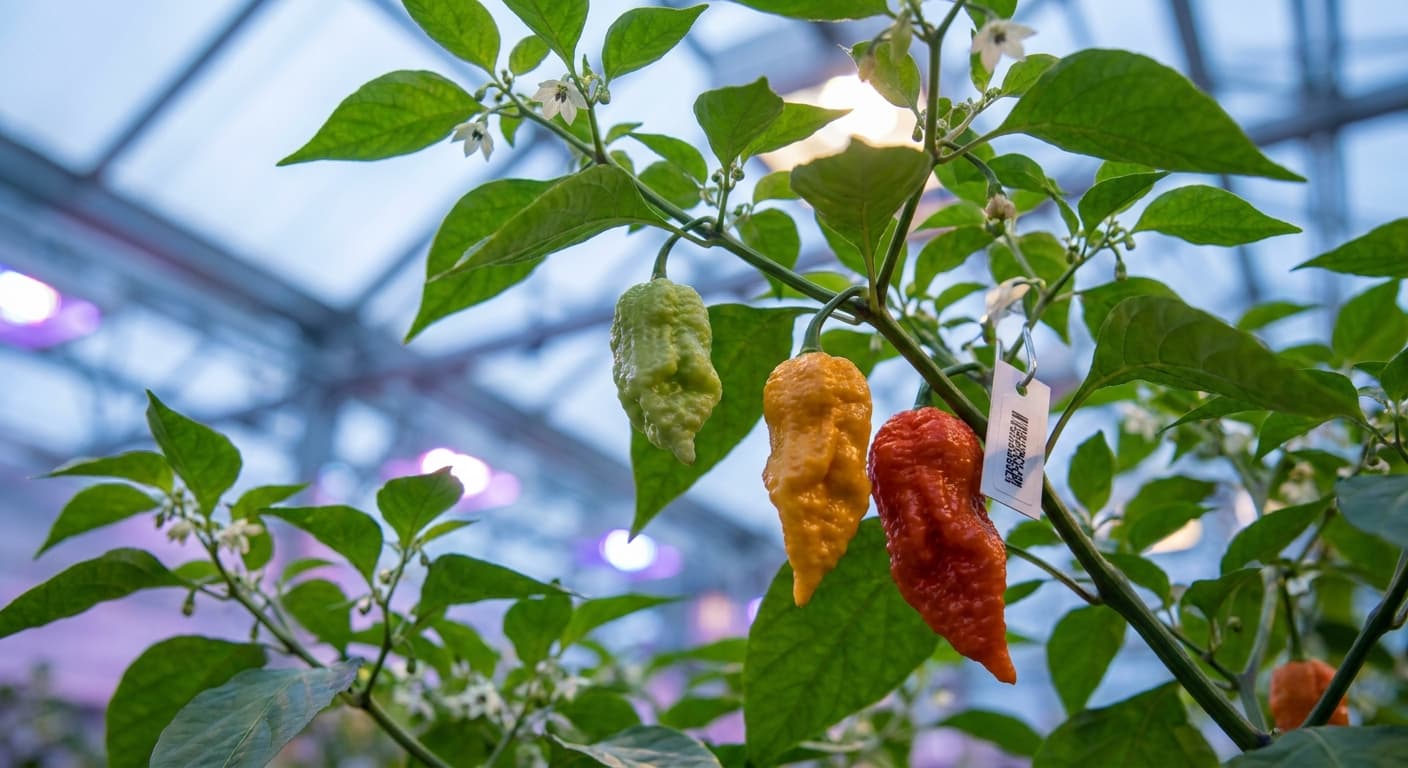 Scoville Splice Flash Point (SS-0026) — engineered Pepper specimen on-plant with laboratory specimen tag