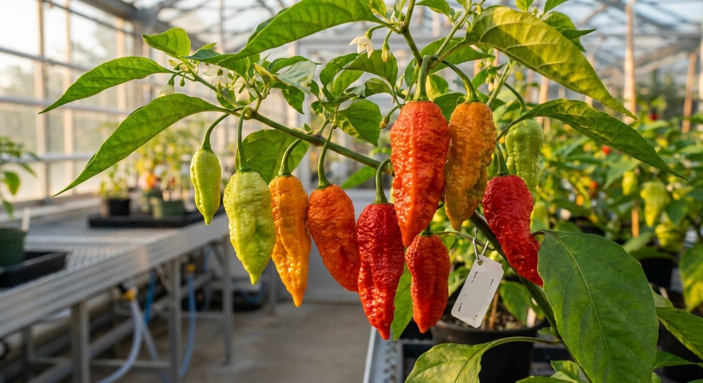 Scoville Splice Friction (SS-0030) — engineered Pepper specimen on-plant with laboratory specimen tag