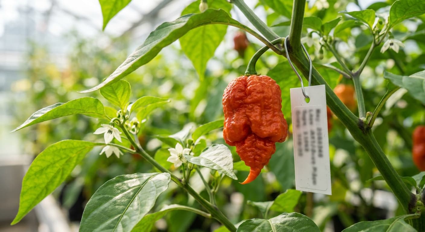 Scoville Splice Heat Lamp (SS-0036) — engineered Pepper specimen on-plant with laboratory specimen tag