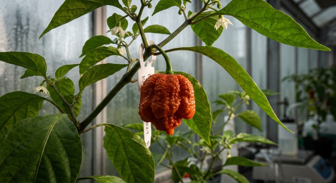Scoville Splice Crucible Lite (SS-0037) — engineered Pepper specimen on-plant with laboratory specimen tag