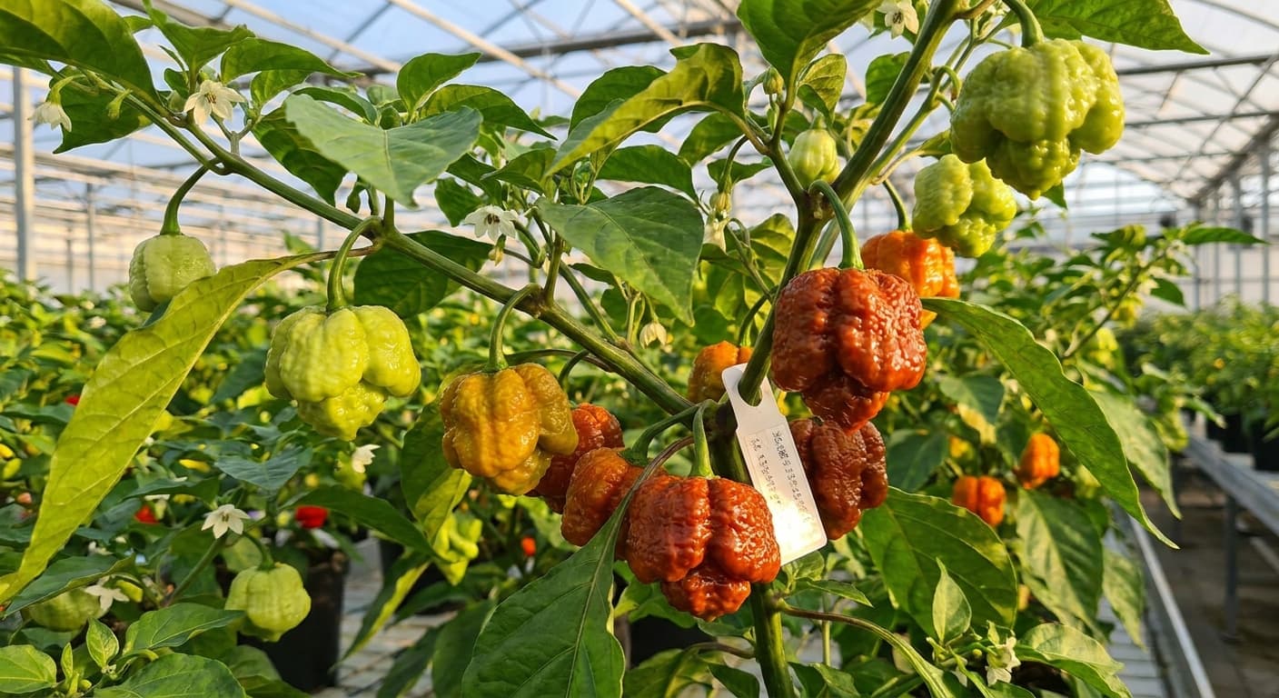 Scoville Splice Burnish (SS-0038) — engineered Pepper specimen on-plant with laboratory specimen tag