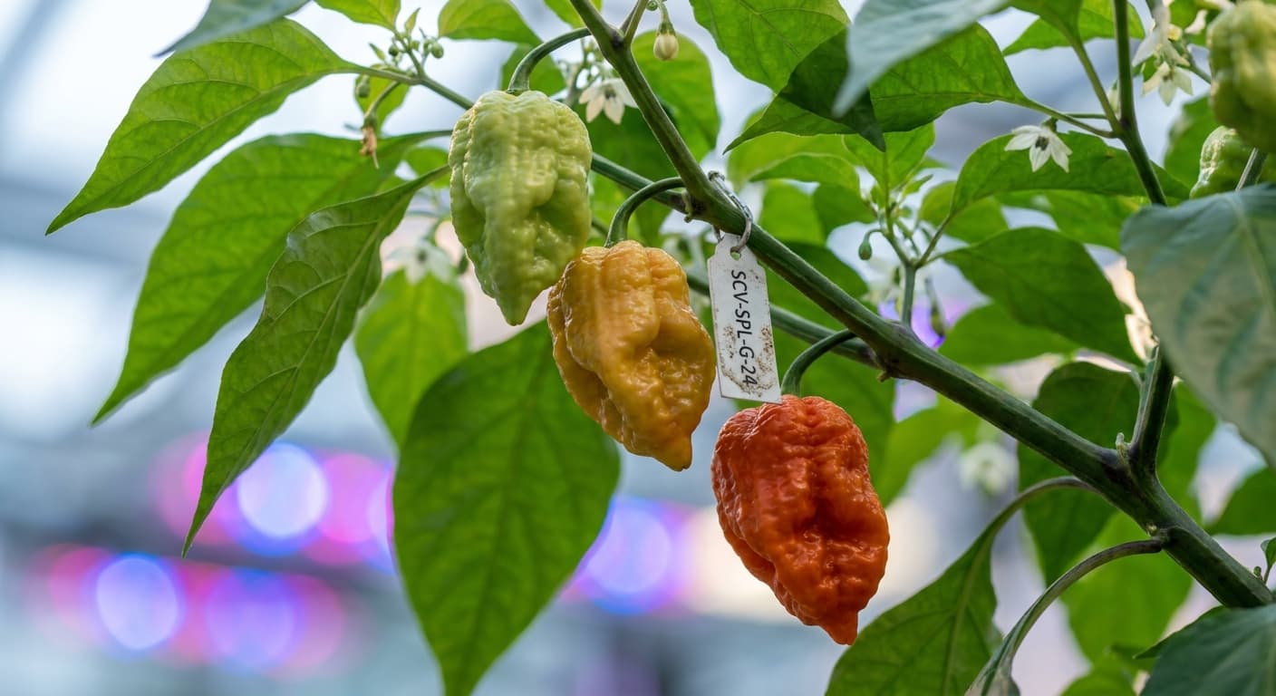 Scoville Splice Pressure Cook (SS-0040) — engineered Pepper specimen on-plant with laboratory specimen tag