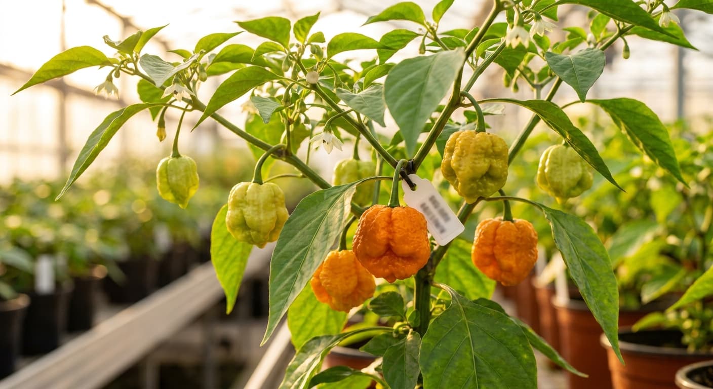 Scoville Splice Smelter (SS-0041) — engineered Pepper specimen on-plant with laboratory specimen tag