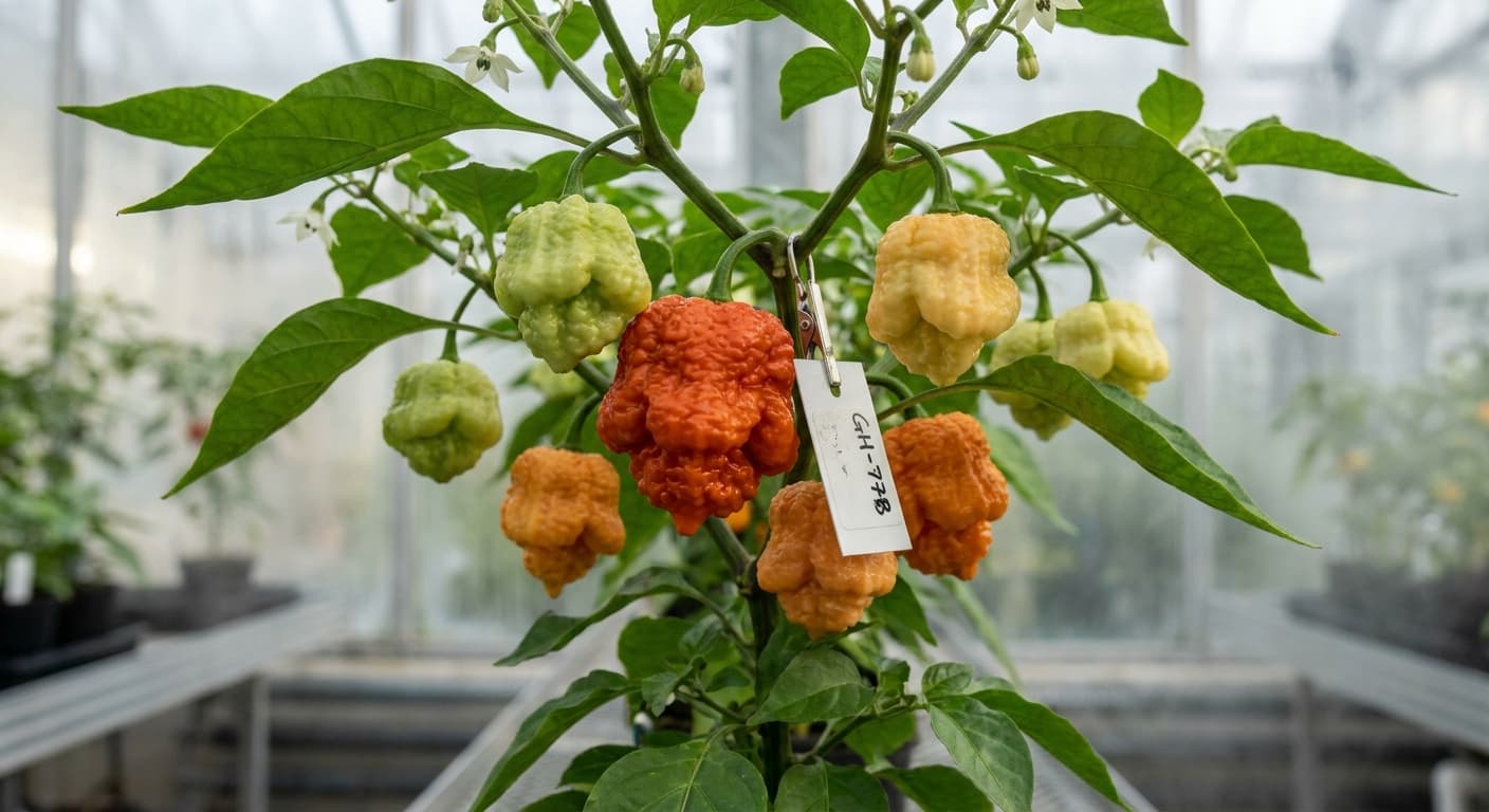 Scoville Splice White Hot (SS-0042) — engineered Pepper specimen on-plant with laboratory specimen tag