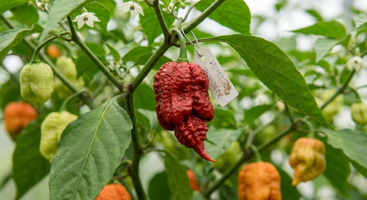 Scoville Splice Blast Zone (SS-0043) — engineered Pepper specimen on-plant with laboratory specimen tag