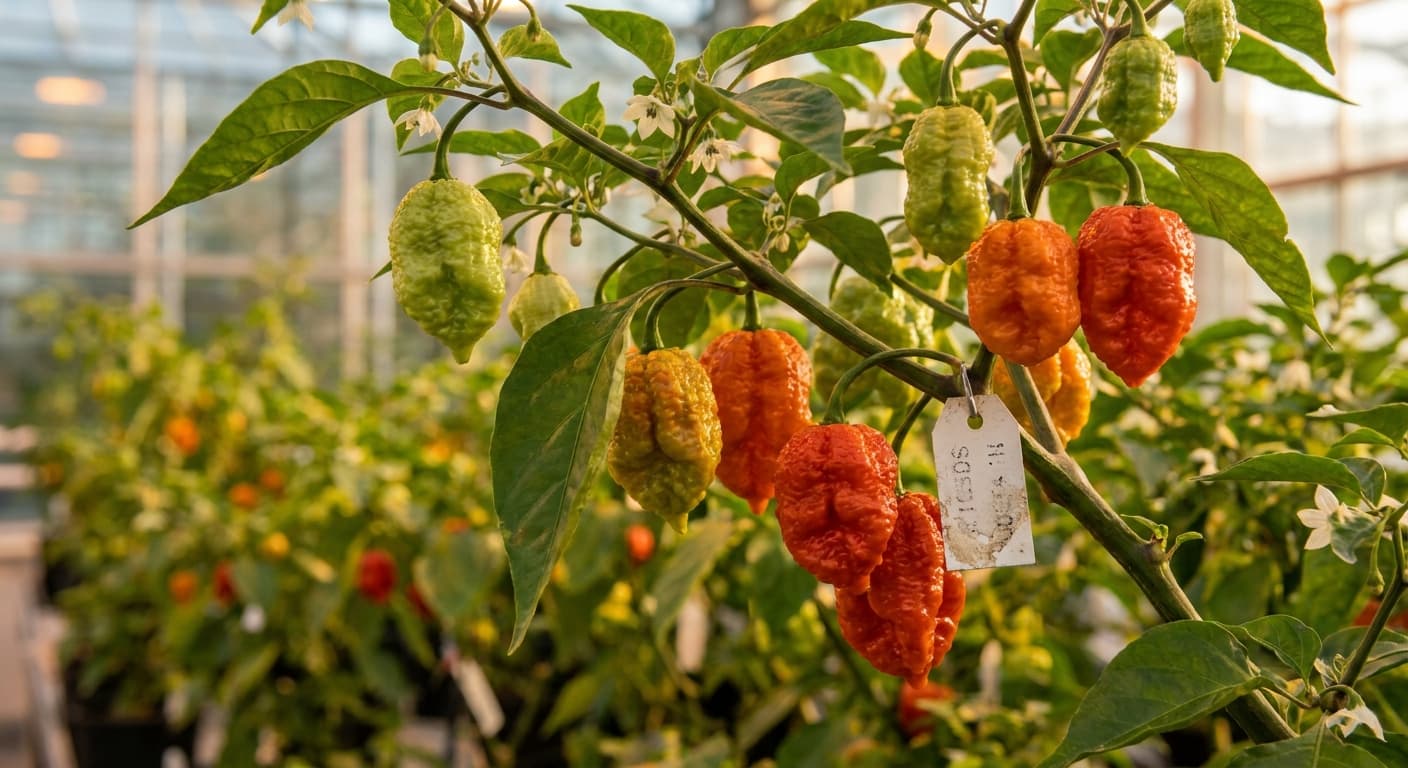 Scoville Splice Six Figures (SS-0050) — engineered Pepper specimen on-plant with laboratory specimen tag