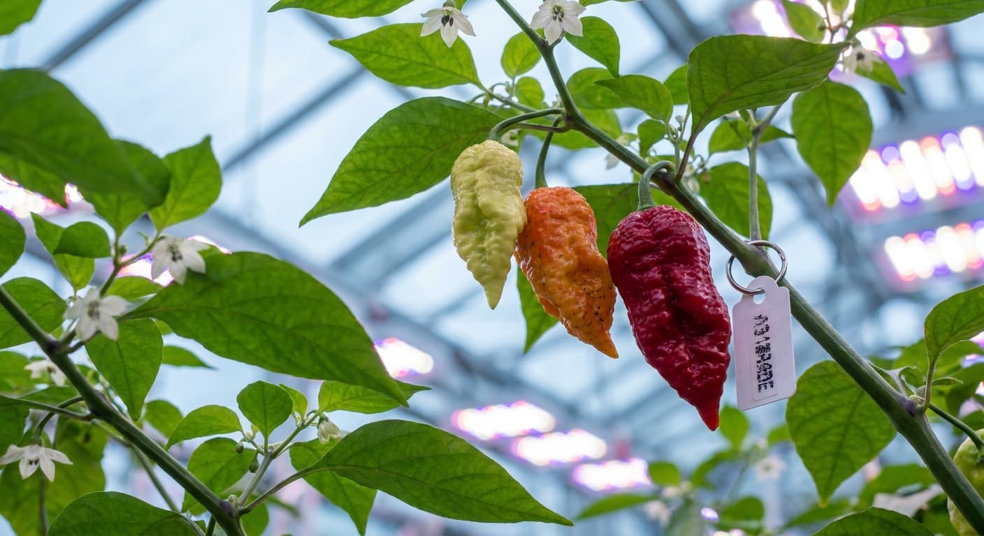 Scoville Splice Anvil (SS-0051) — engineered Pepper specimen on-plant with laboratory specimen tag