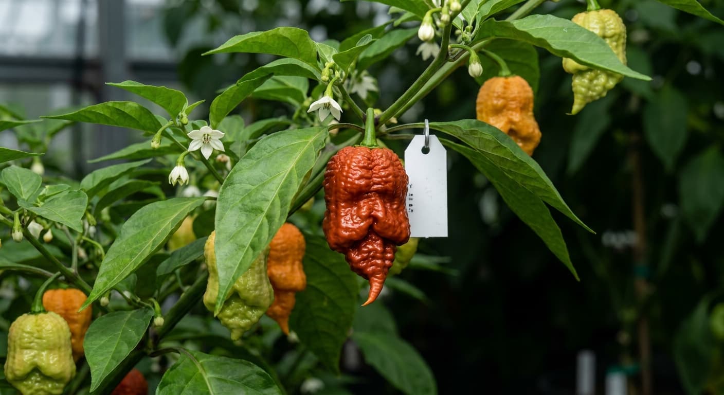 Scoville Splice Bellows (SS-0053) — engineered Pepper specimen on-plant with laboratory specimen tag