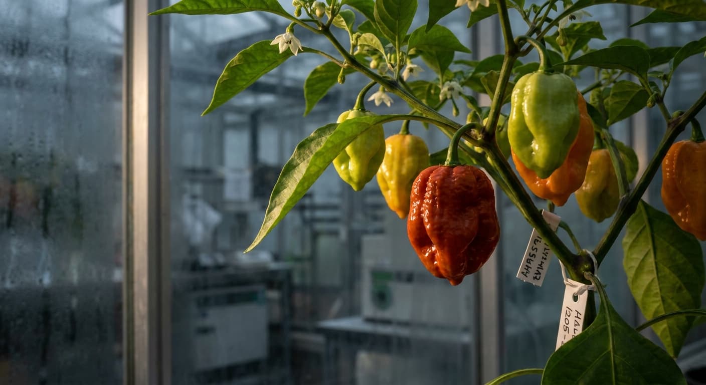 Scoville Splice Cruciform (SS-0057) — engineered Pepper specimen on-plant with laboratory specimen tag