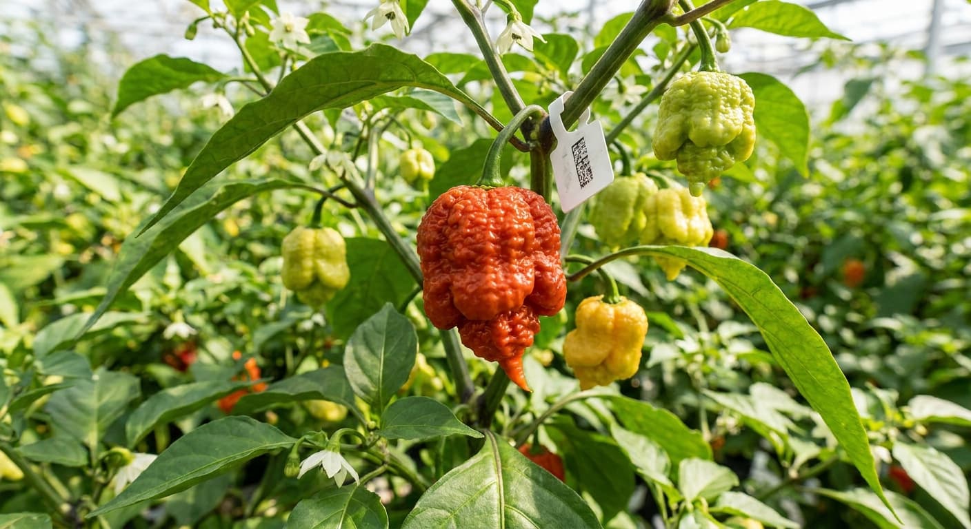 Scoville Splice Quench (SS-0058) — engineered Pepper specimen on-plant with laboratory specimen tag
