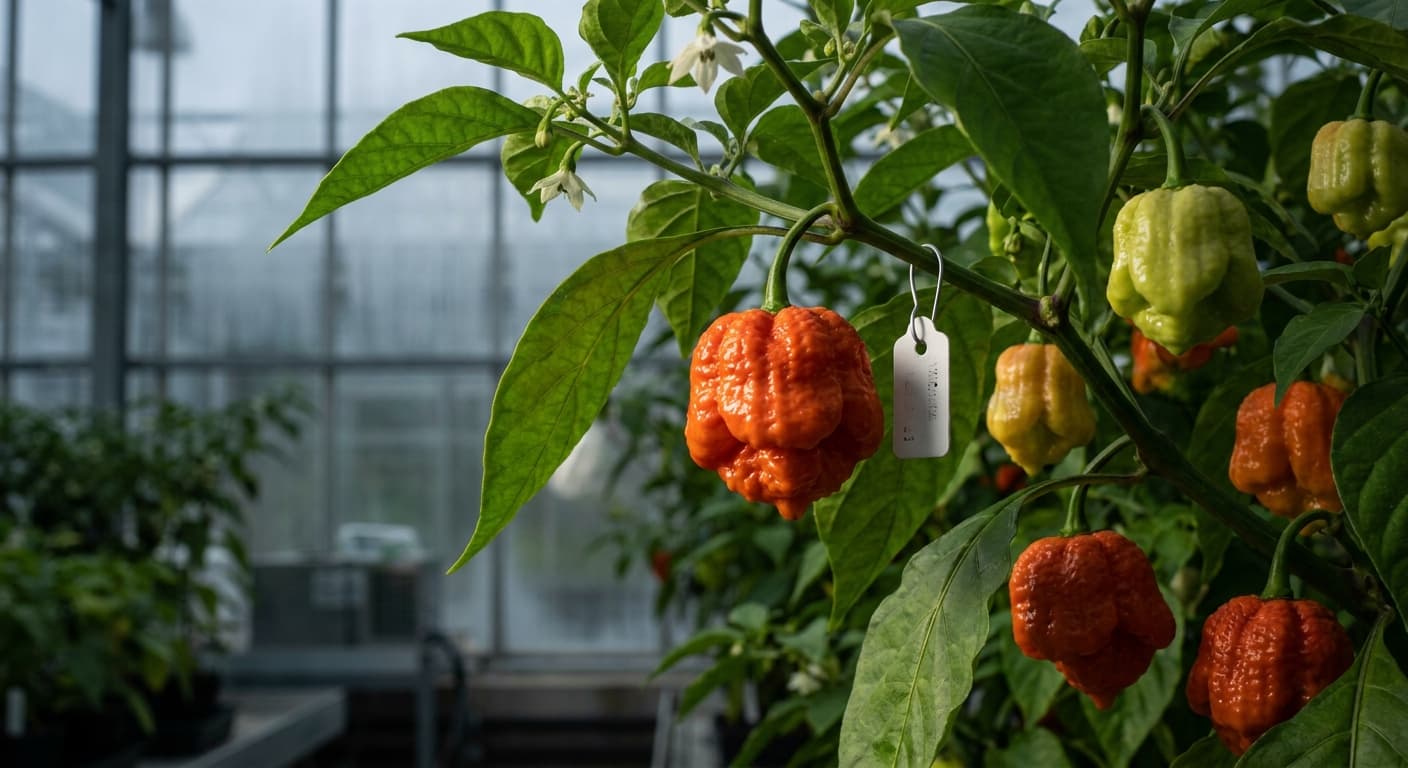 Scoville Splice Pig Iron (SS-0059) — engineered Pepper specimen on-plant with laboratory specimen tag