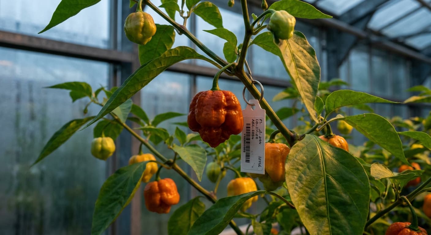 Scoville Splice Cast (SS-0060) — engineered Pepper specimen on-plant with laboratory specimen tag