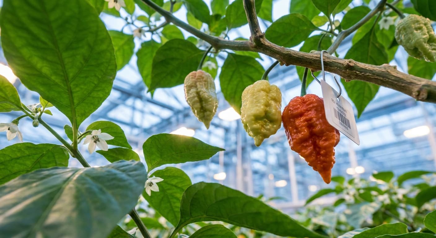 Scoville Splice Smelt House (SS-0062) — engineered Pepper specimen on-plant with laboratory specimen tag