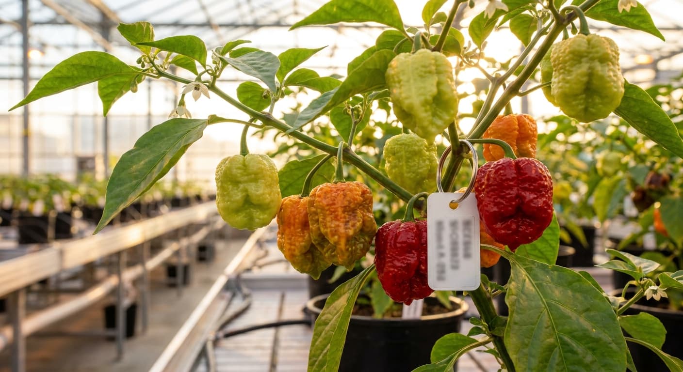 Scoville Splice Ingot (SS-0063) — engineered Pepper specimen on-plant with laboratory specimen tag