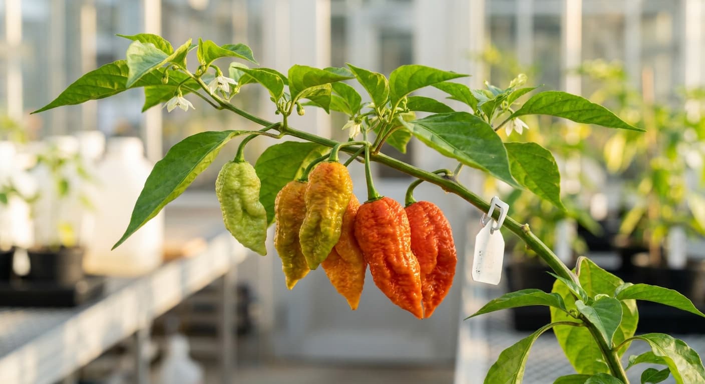 Scoville Splice Bessemer (SS-0067) — engineered Pepper specimen on-plant with laboratory specimen tag