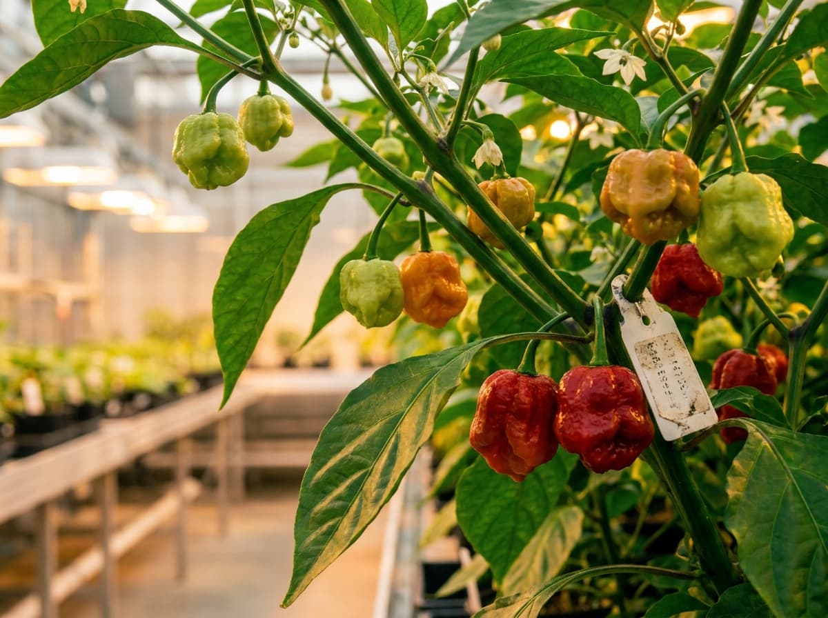 Scoville Splice Star Core (SS-0069) — engineered Pepper specimen on-plant with laboratory specimen tag