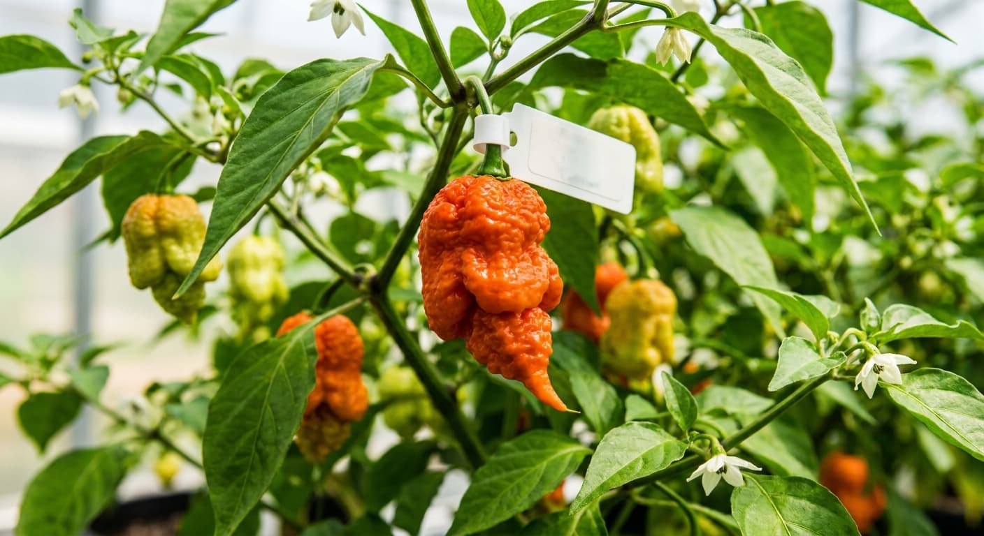 Scoville Splice Megaton (SS-0070) — engineered Pepper specimen on-plant with laboratory specimen tag