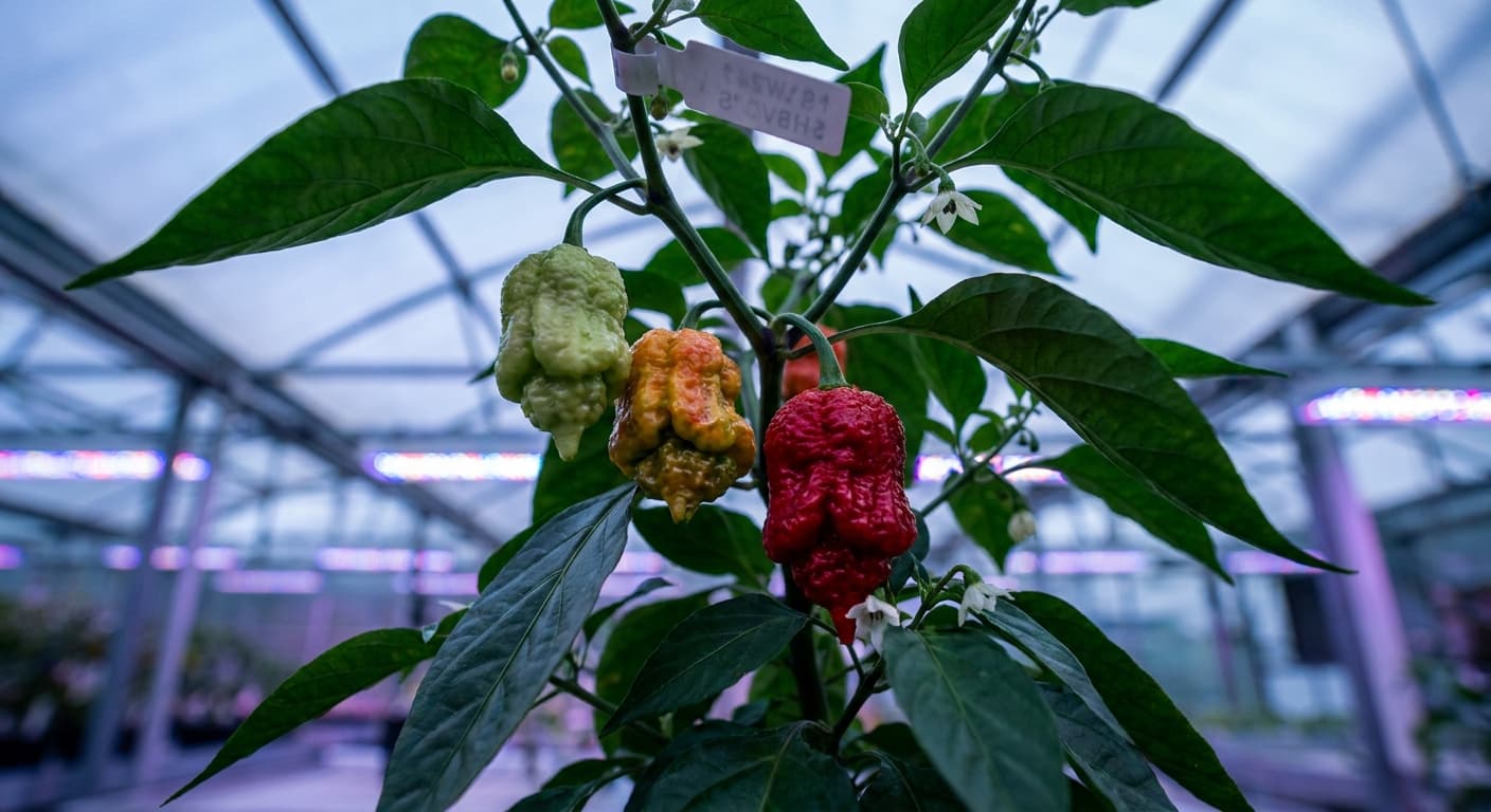 Scoville Splice Supercritical (SS-0075) — engineered Pepper specimen on-plant with laboratory specimen tag