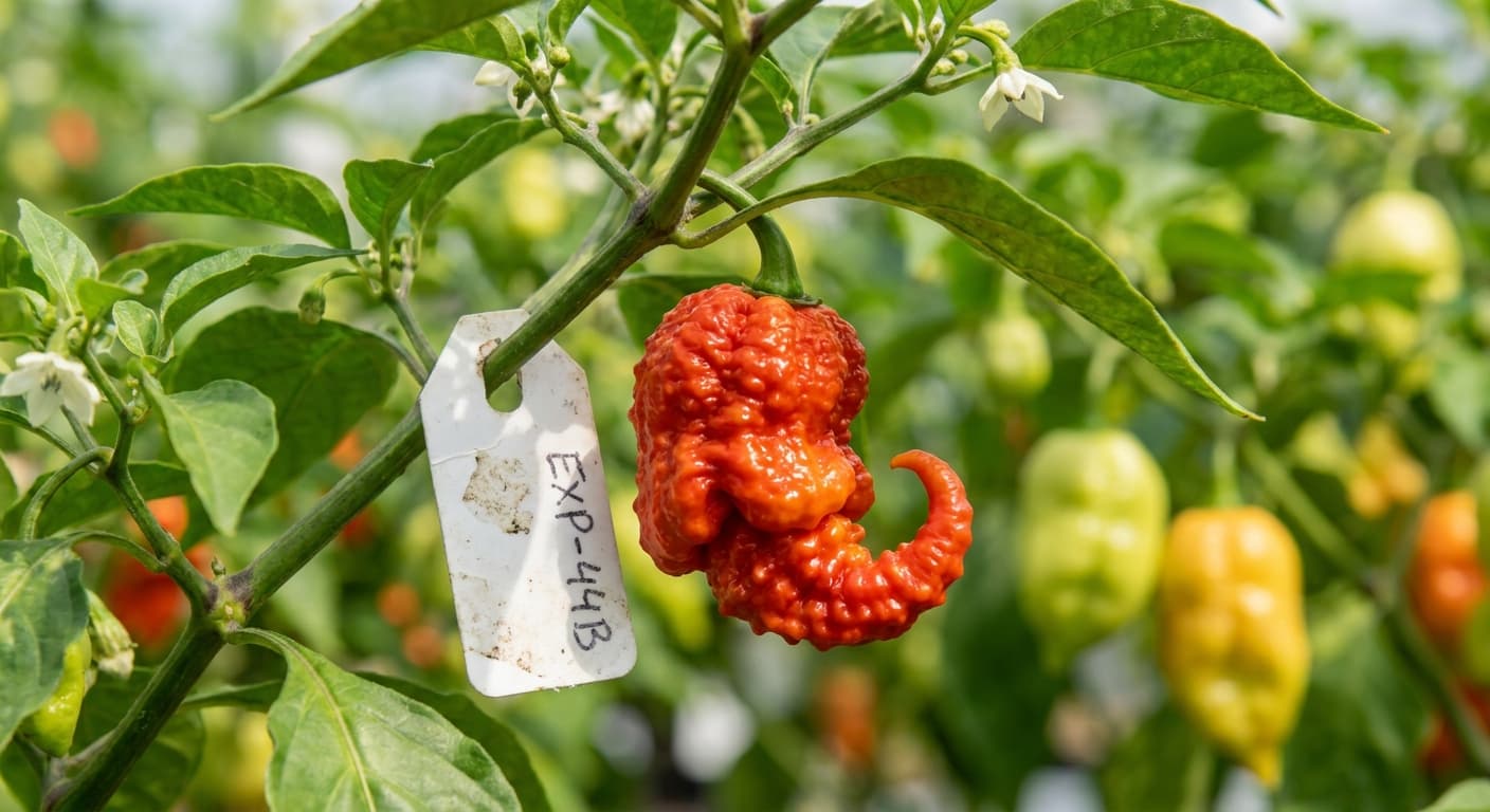 Scoville Splice Tokamak (SS-0076) — engineered Pepper specimen on-plant with laboratory specimen tag