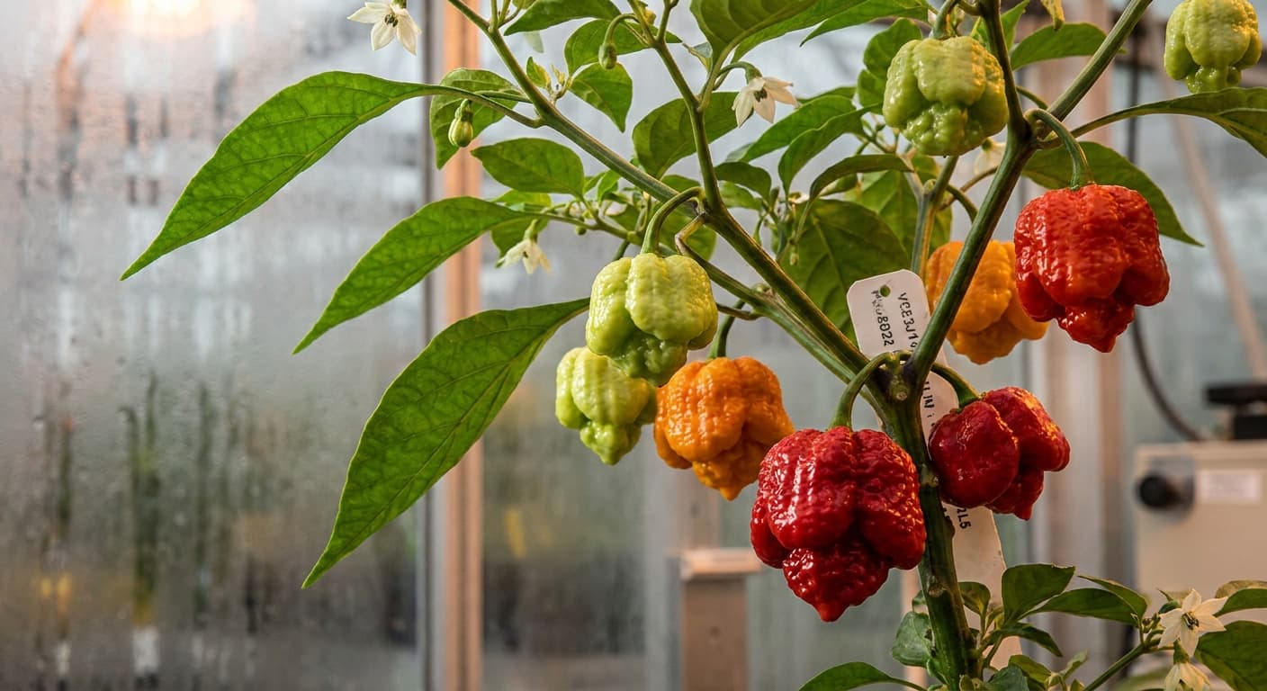 Scoville Splice Magnetar (SS-0077) — engineered Pepper specimen on-plant with laboratory specimen tag