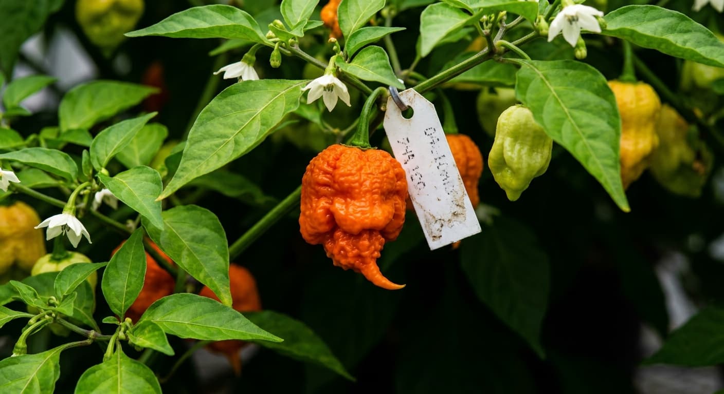 Scoville Splice Planck Temperature (SS-0086) — engineered Pepper specimen on-plant with laboratory specimen tag