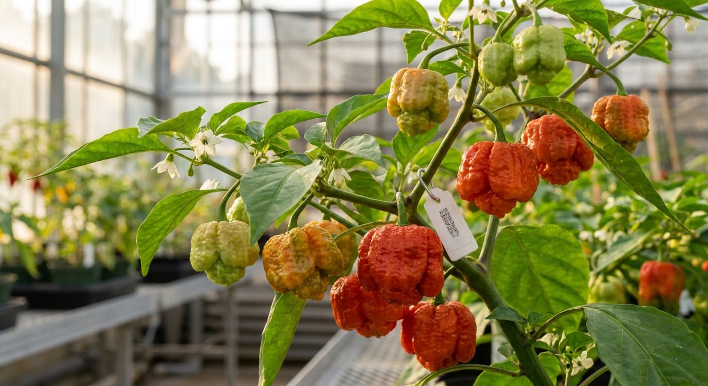 Scoville Splice Slow Burn (SS-0098) — engineered Pepper specimen on-plant with laboratory specimen tag