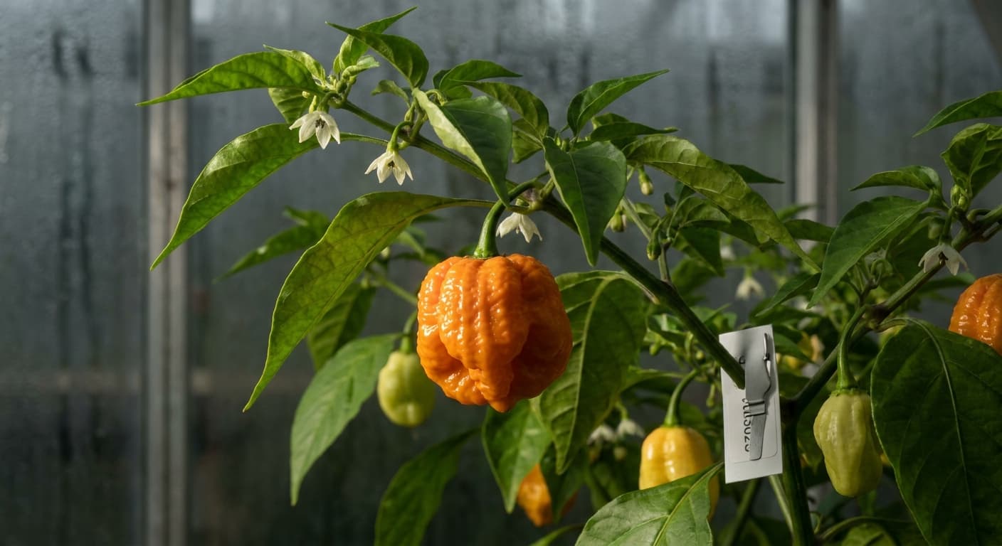 Scoville Splice Double Tap (SS-0103) — engineered Pepper specimen on-plant with laboratory specimen tag