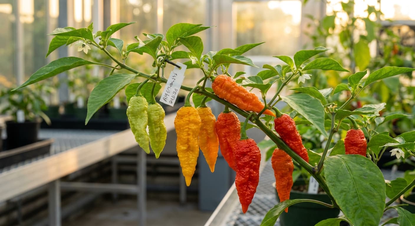 Scoville Splice Cascade (SS-0104) — engineered Pepper specimen on-plant with laboratory specimen tag