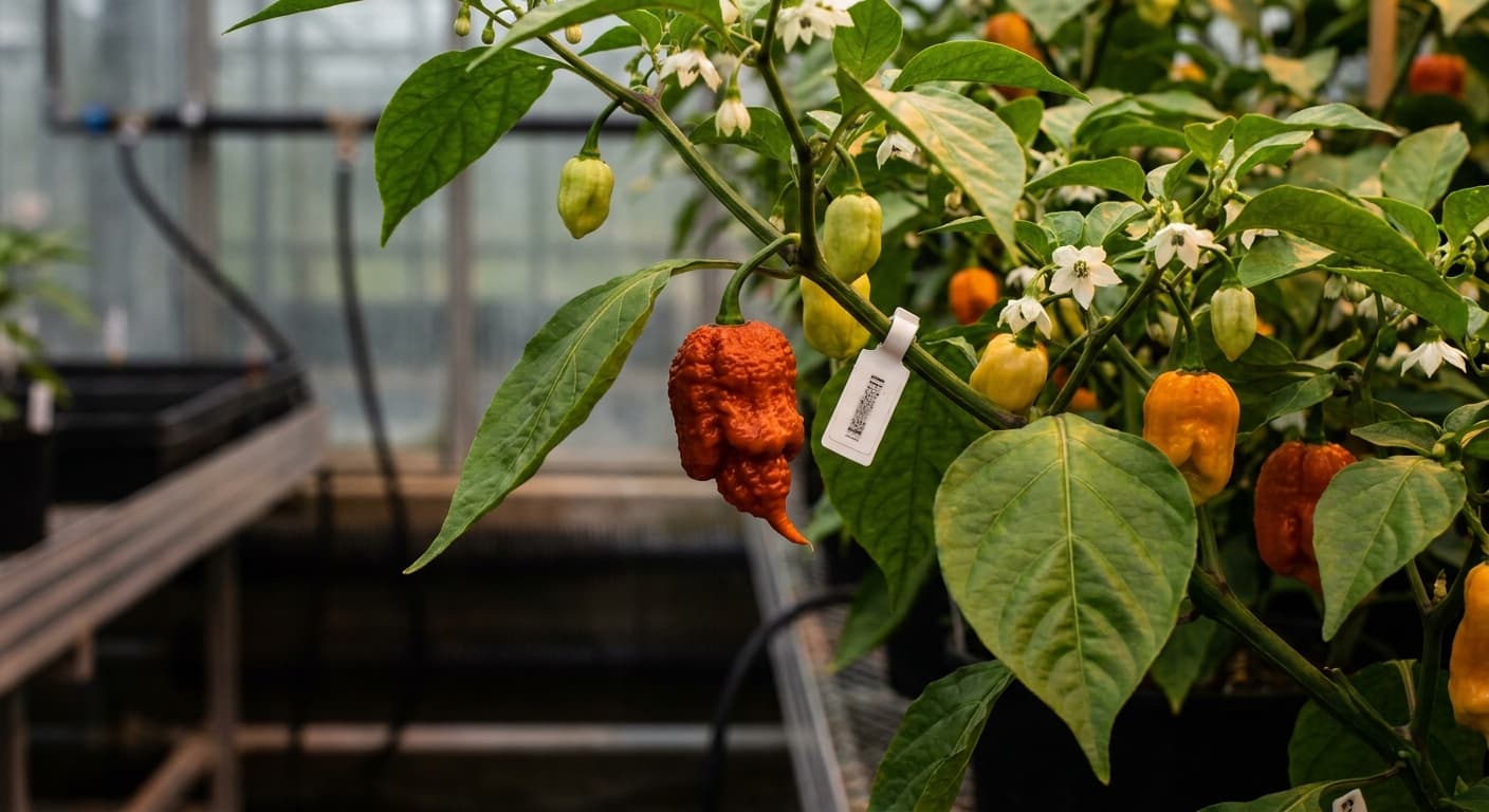 Scoville Splice Afterglow (SS-0105) — engineered Pepper specimen on-plant with laboratory specimen tag