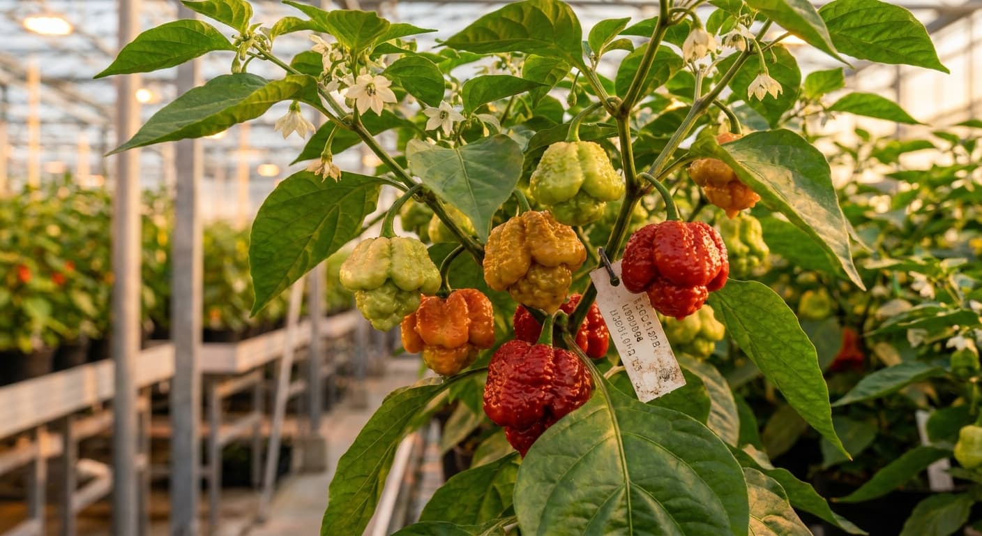 Scoville Splice Nerve Agent (SS-0106) — engineered Pepper specimen on-plant with laboratory specimen tag
