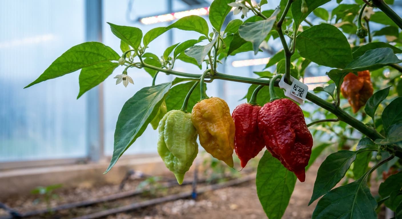 Scoville Splice Time Bomb (SS-0107) — engineered Pepper specimen on-plant with laboratory specimen tag