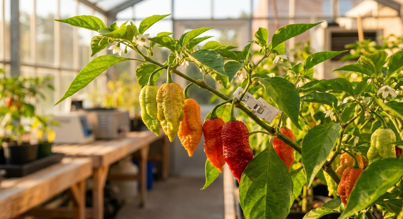 Scoville Splice Whisper (SS-0108) — engineered Pepper specimen on-plant with laboratory specimen tag