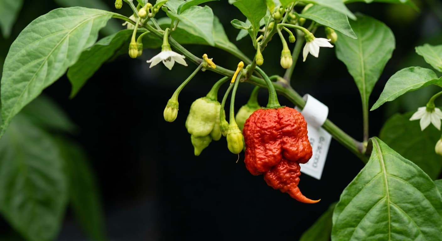Scoville Splice Strobe (SS-0109) — engineered Pepper specimen on-plant with laboratory specimen tag