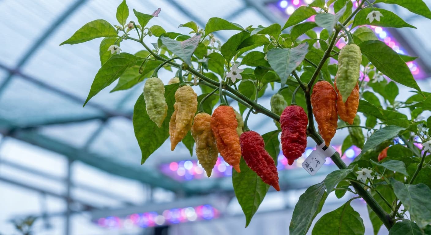Scoville Splice Undertow (SS-0110) — engineered Pepper specimen on-plant with laboratory specimen tag